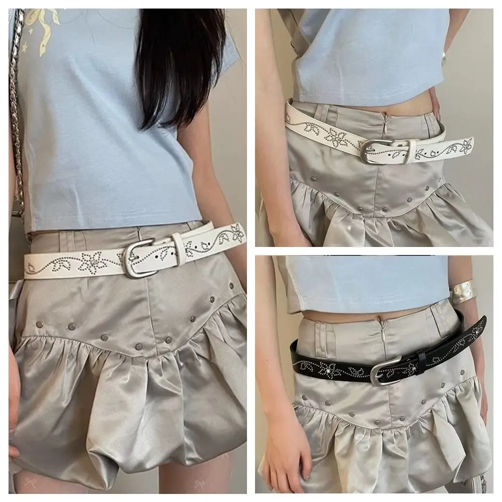 

Fashion Flower Rhinestone Belt Y2K Alloy Rivet Belt Pin Buckle Hip-hop PU Leather Waistband Decorative Jeans