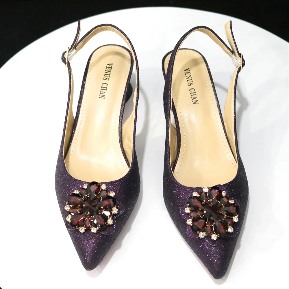 Daily Wear 2024 Ltalian Design D.Purple Color Rhinestones Decoration Pointed Toe High Heels Party Ladies Shoes Bag Set