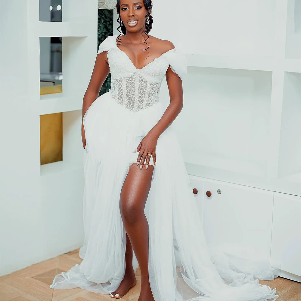

Pearls Wedding Dresses for Bride Off Shoulder Side Split Corset Aso Ebi Africa Bridal Shower Pre-wedding Photoshoot Dress Custom