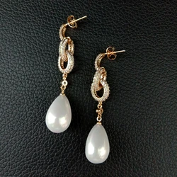 Y·YING Teardrop White Sea Shell Pearl Cz Pave Post Dangle Earrings