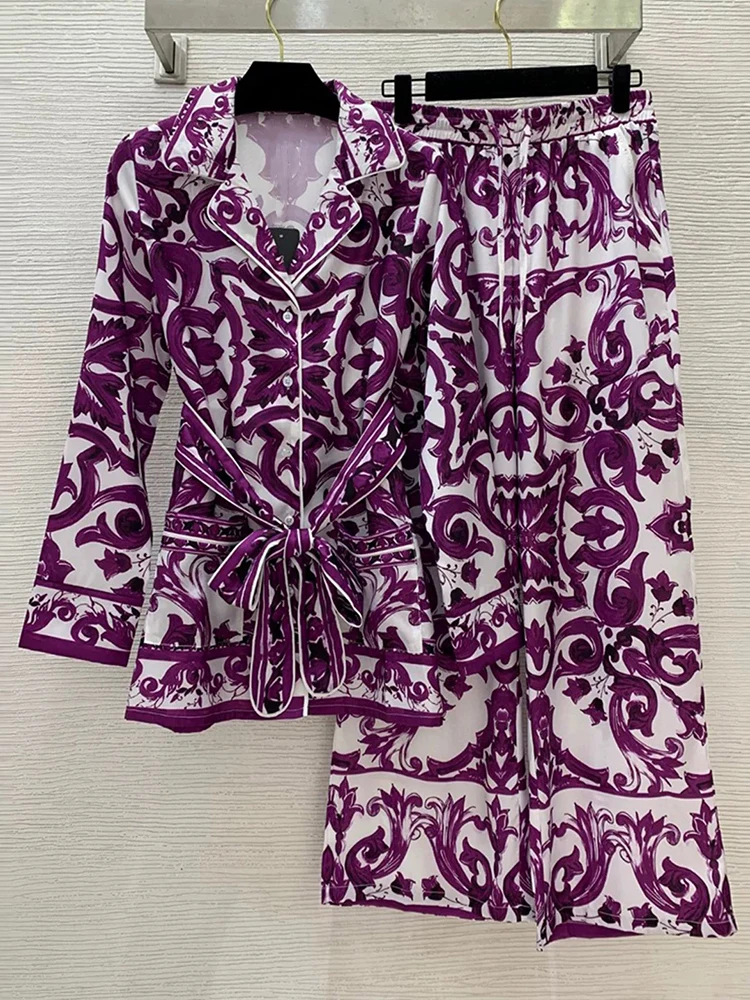 

Spring and Autumn New Printed Women's Pants with Long Sleeve Pajama Shirt+Elastic Waist Wide Leg Pants Fashion Two-piece Suit