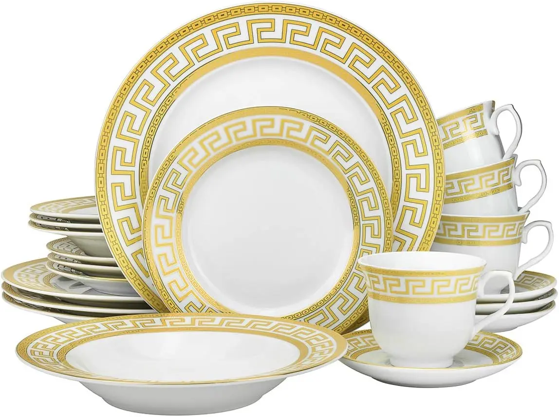 Vintage Gold 57-Piece Bone China Dinnerware and Serving Set with Greek Key Design, High-Quality Tableware Service for 8