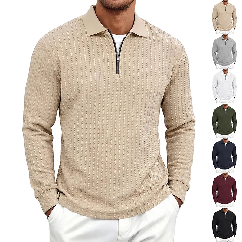 2026 European and American Autumn and Winter New Men's Lapel Zipper Jacquard Long-Sleeved Men's Polo Shirt