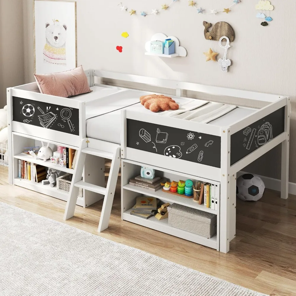 Low Loft Bed Twin Size, Wooden Loft Bed , Twin Bed Frames for Kids with Storage 2 Bookcases , Kids Twin Bed (White)