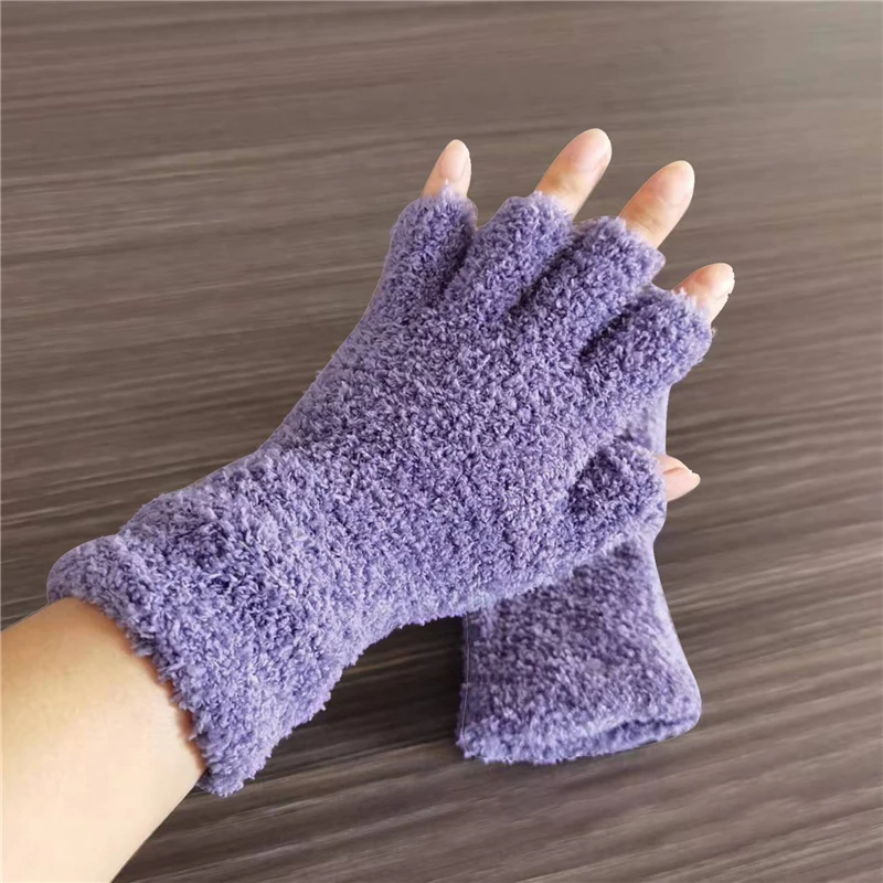 Coral Fleece Gloves Women Girls Solid Color Touchscreen Fingerless Glove Winter Warm Thicken Plush Half Finger Writing Mittens