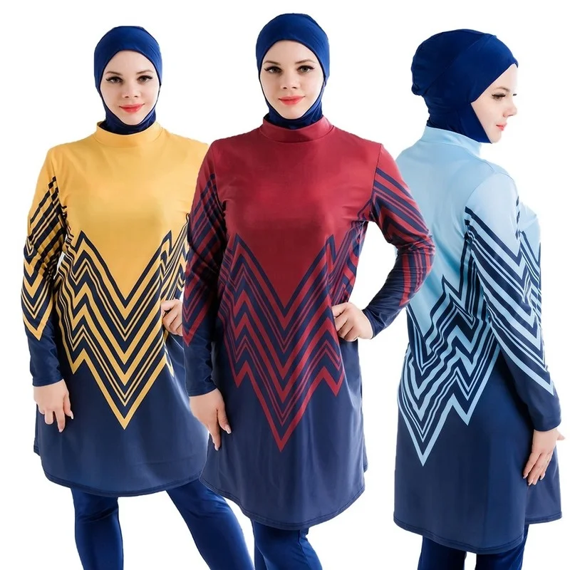 Women's Muslim Swimwear Digital Printed Lslamic Clothes Hijab Long Sleeves Sport Swimsuit 4 Pcs Burkinis Wear Bathing Suit 4XL