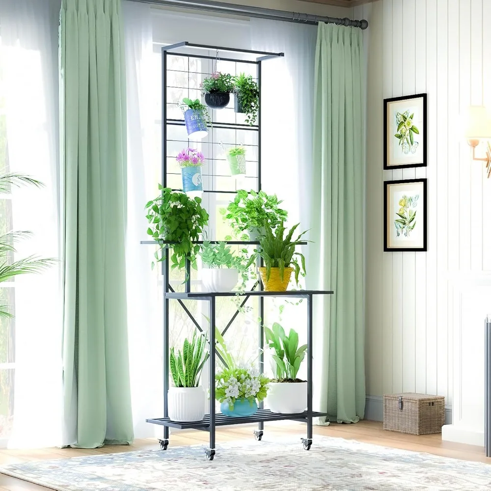 Zhongma 3 Tier Heavy Duty Plant Stand with Hanging Plant Pot Shelf with Wheels, 35.43 L X 18.11 W X 81.1H Multi Layer Plant Hold