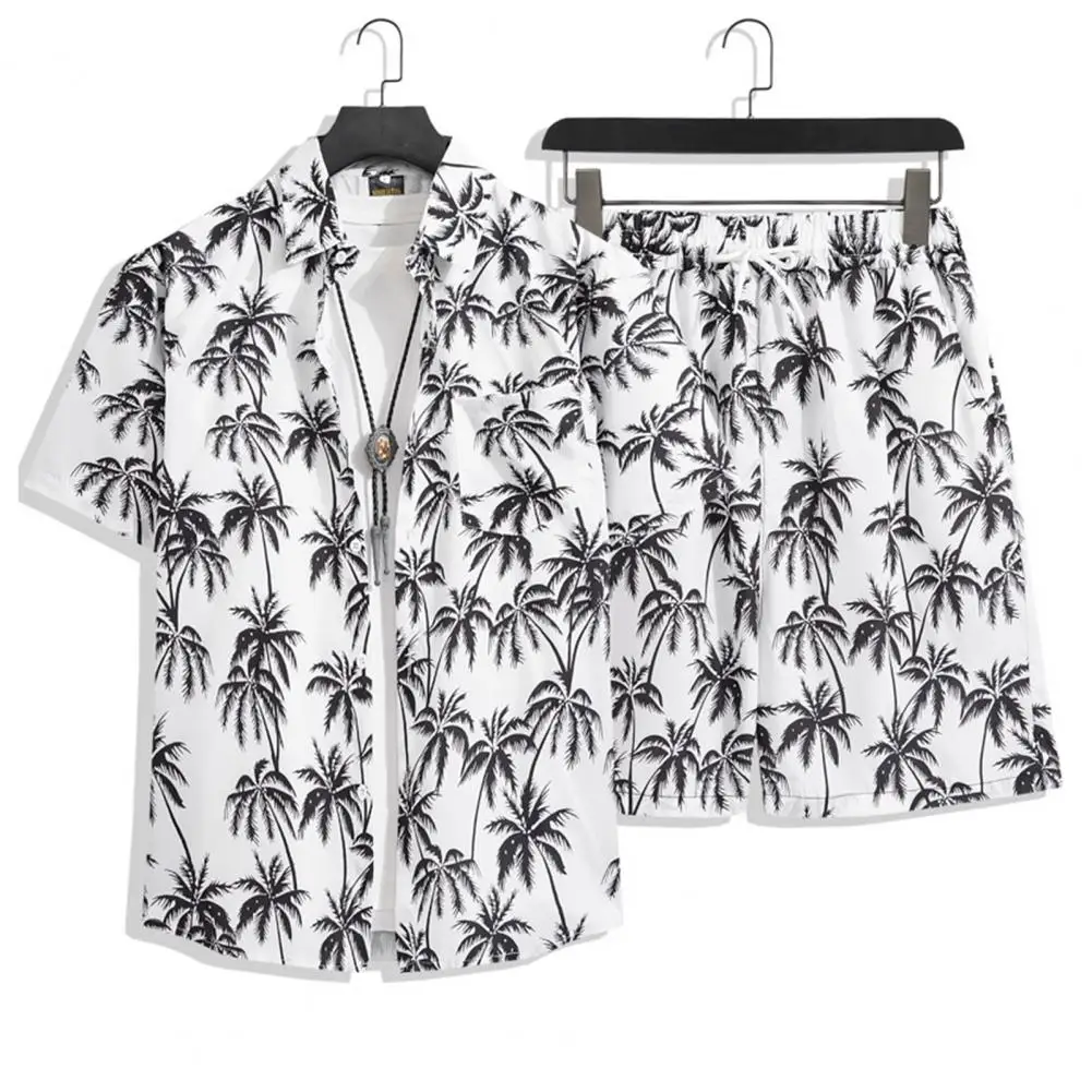 

Loose Fit Men Outfit Men's Summer Casual Coconut Tree Print Shirt Shorts Set with Elastic Drawstring Waist Wide Leg Design for A