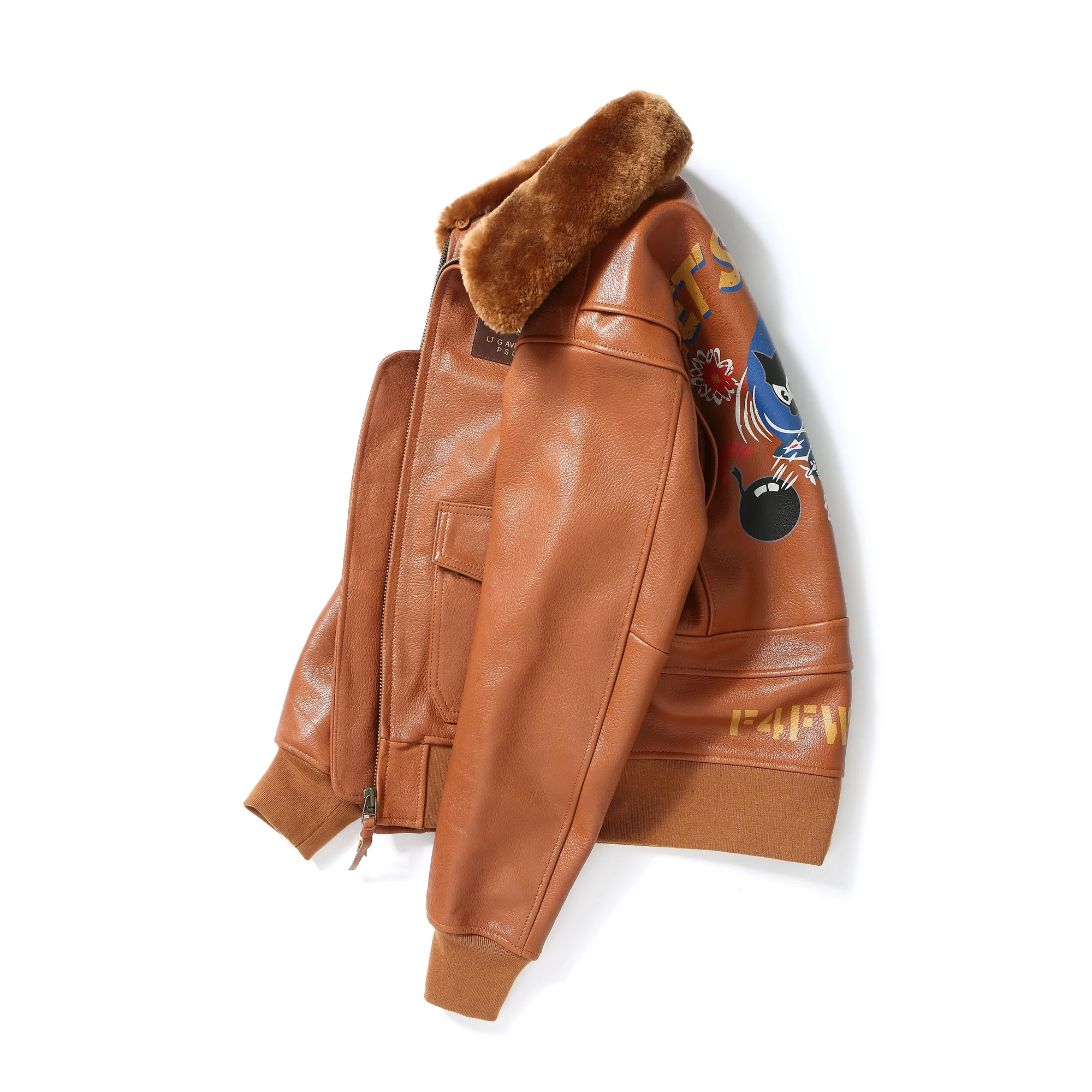 Orange Winter Leather Jacket Men Military Style Plus Size 3XL Genuine Natural Thick Sheepskin Wool Collar G1 Flight Leather Coat
