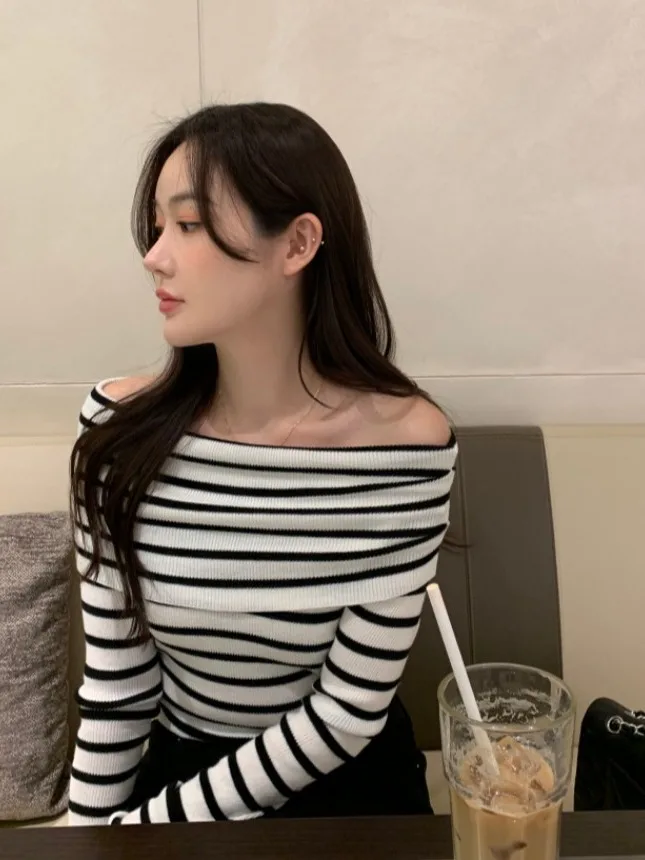 

Ele Chic Long Sve Knitted oulder Bared One-oulder Top for Women Sli Slimming Pure Desire Sle Autumn New Arrival