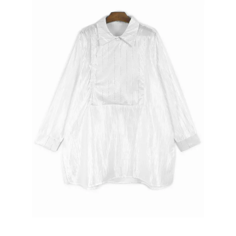 [Vibe] Women Black Striped Glossy Big Size Elegant Blouse New Lapel Long Sleeve Shirt Fashion Tide Spring Autumn 2025