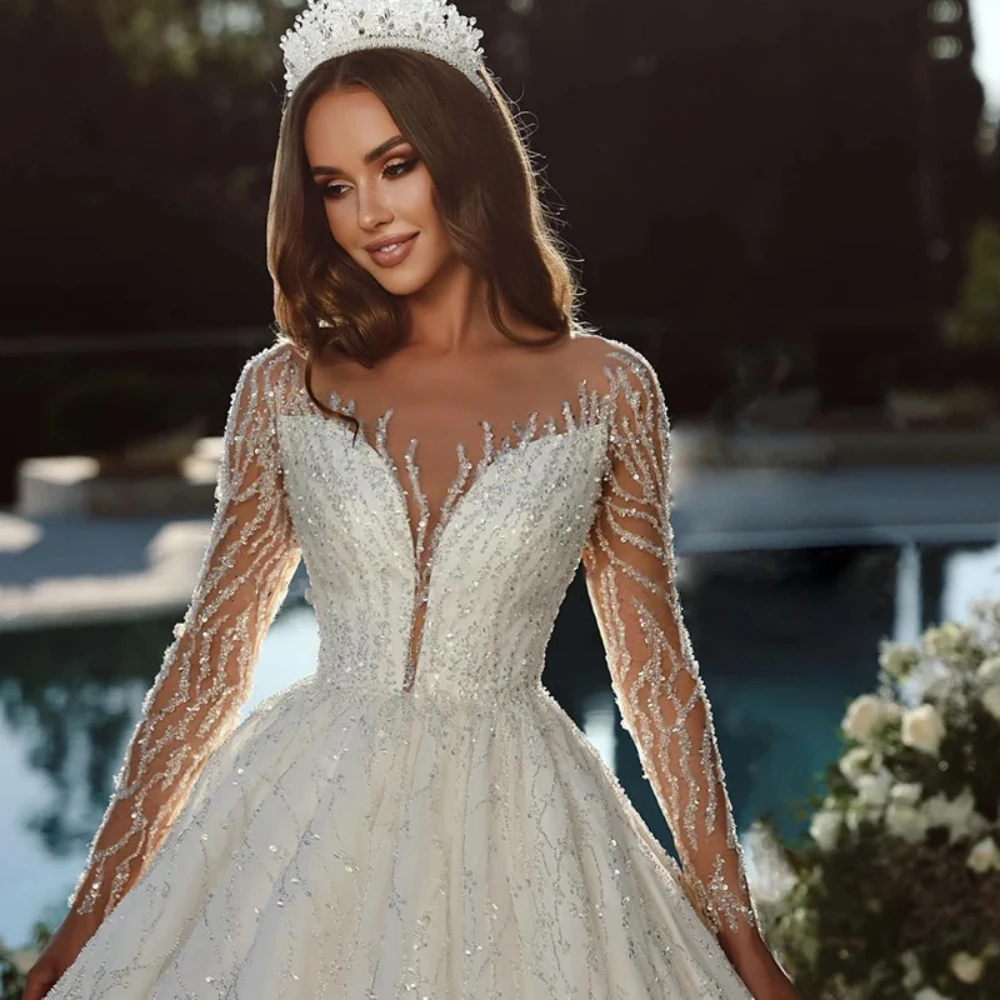 

Gorgeous Princess Ball Gown Wedding Dress Exquisite Sequins Beading Tulle O Neck Long Sleeve Bridal Gowns Vestidos De Novia