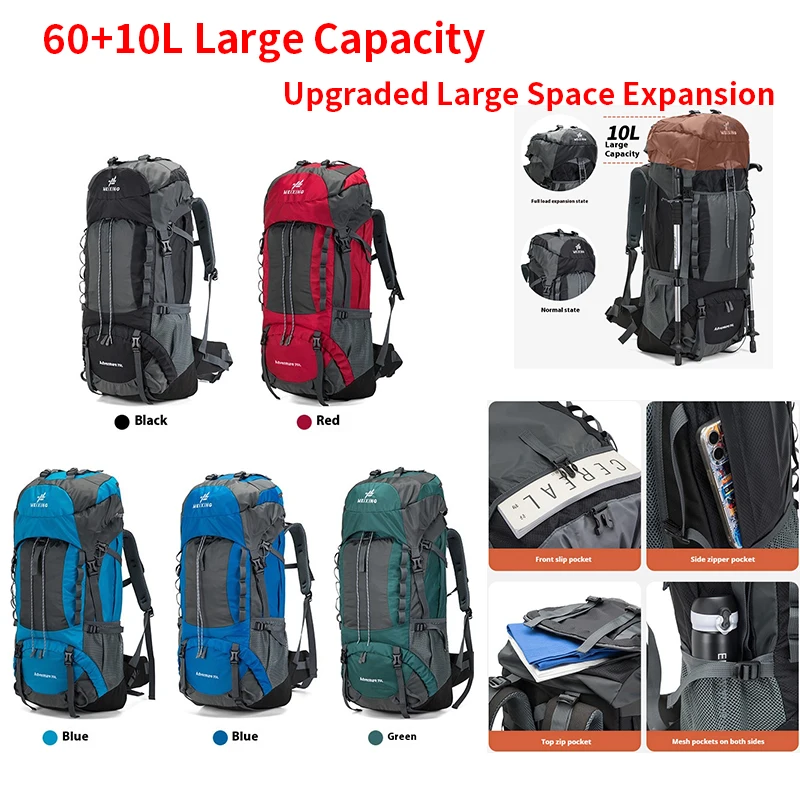 

A096 60+10L Expandable Large Capacity Multifunctional Backpack Load Reducing and Breathable Design Rainproof and Wear Resistant