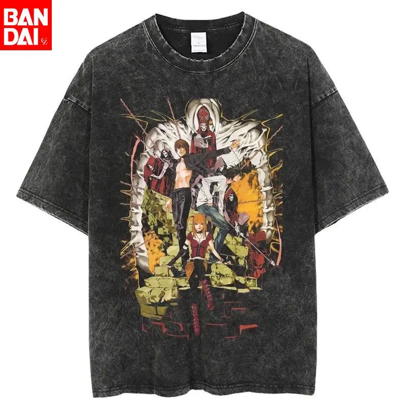 Camiseta Vintage con Estampado de Personajes Principales de Death Note y Grupo Shinigami para Hombre, Verano 2026, Negra, Talla Grande, Estilo Anime Urbano