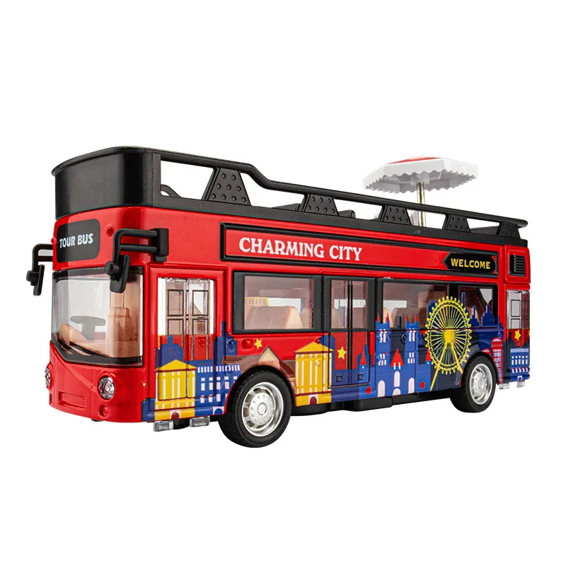 1:50 alloy pull back double-decker convertible bus model,sightseeing tour bus toy,simulation sound and light car,hot sale