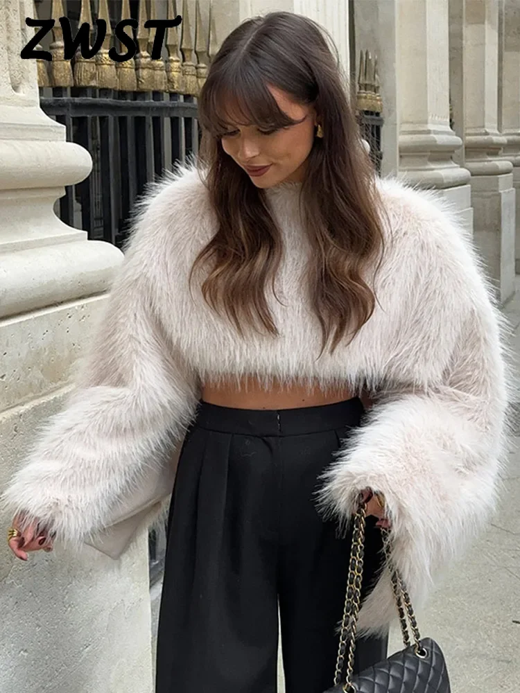 Elegancki krótki top ze sztucznego futra Kobiety 2024 Długie rękawy z lampionem Grube płaszcze Kobiety Jesień Zima Moda Solidne Ciepłe Odzież wierzchnia Lady