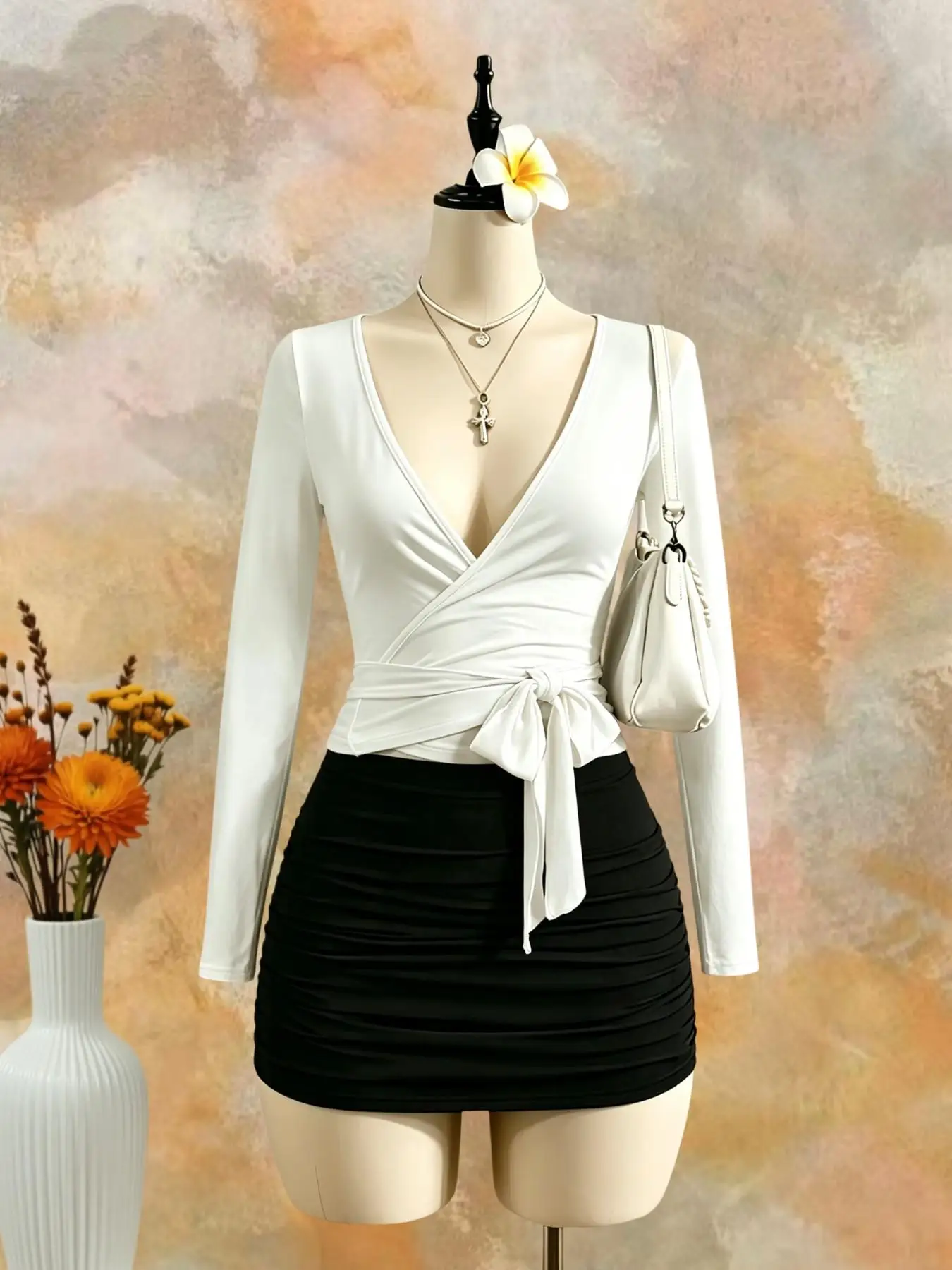 Women Deep V Wrap Front Self Tie Waist Long Sleeve Slim Fit T-Shirt 2026 Summer Solid White Elegant Casual Sleevelessless Basic