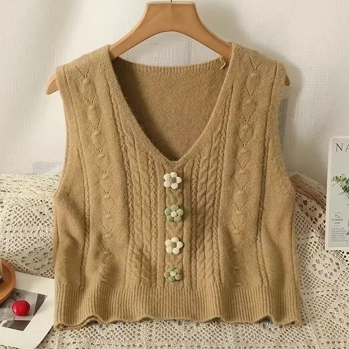 

Милый стиль, свежие трехмерные цветы, вязаный жилет для женщин, осенне-зимний стиль, многослойный свитер-жилет