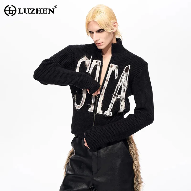 

LUZHEN 2025 Winter New Letter Fur Patchwork Design Stand Neck Zipper Knitted Cardigan Men's Women Original Street Sweater JY5234