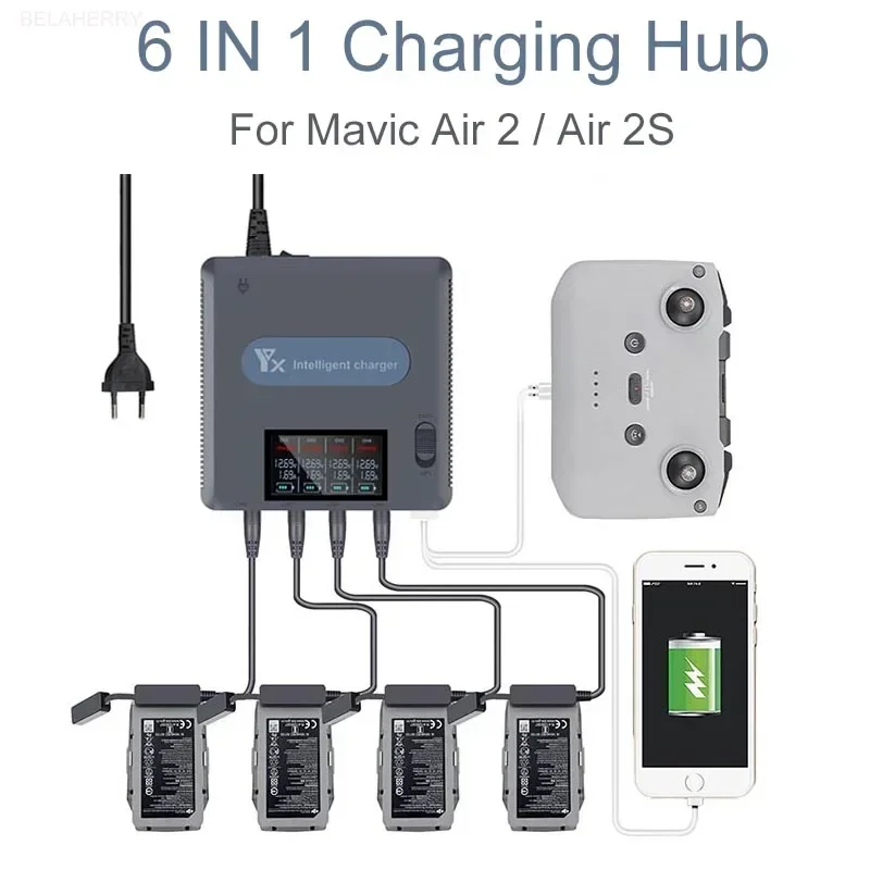 Mavic Air 2 /2S Drone Battery 6 in 1 Digital display Battery Charger for DJI Charging Hub Fast Smart Battery Charger with USB