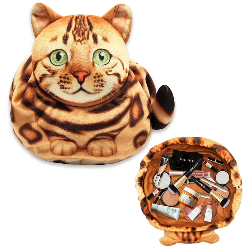 3D Realistic Cute Cat Makeup Bag Large Capacity Travel Pouch Drawstring Toiletry Organizer For Women Teens Gift For Christmas