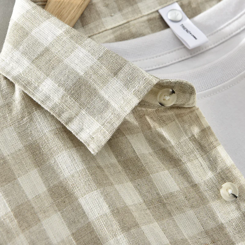 New Designer Pure Linen Short-sleeve Brand Plaid Shirts For Men Fashion Comfortable Plus Size Tops Clothing Camisa Masculina