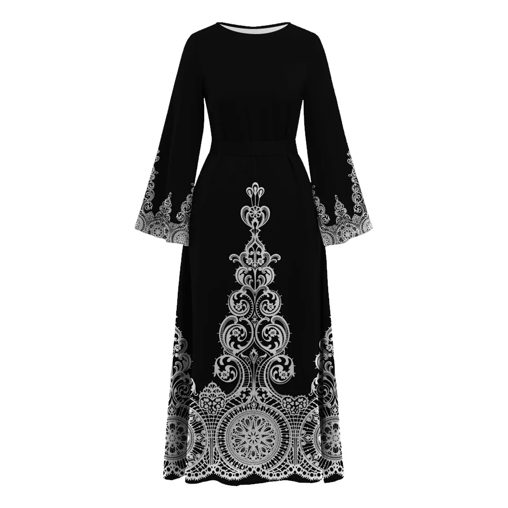 Muslim Islamic Modest O-neck Black Abaya Demure Flared Sleeve Muslim Abaya Lace Pattern Print Dubai Morocco Tunic Dress WithBelt