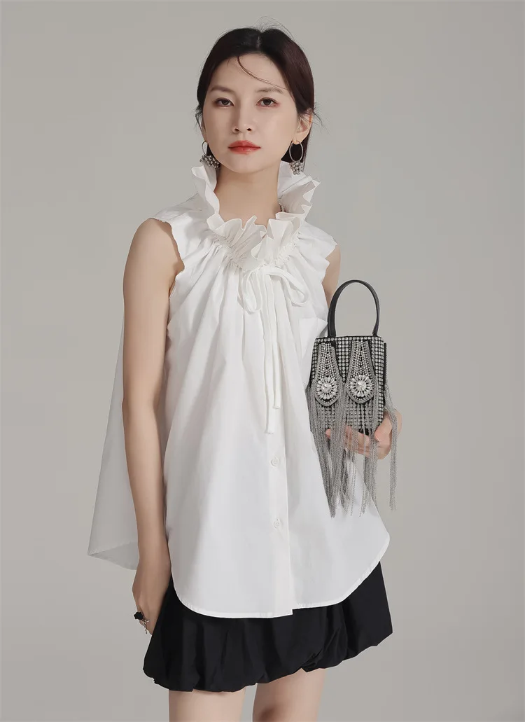 

Рубашка без рукавов с оборками и вырезом, женская летняя корейская свободная посадка, элегантные рубашки, блузка, модная уличная одежда, наряды 2025