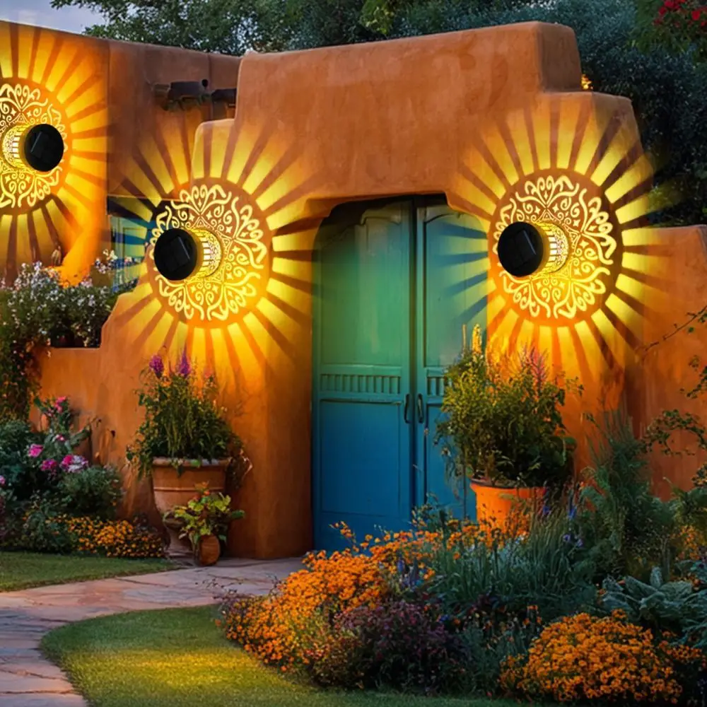 

Hollow Solar Wall Lamp Flower Design Iron Light Solar Wall Light Warm Yellow LEDs Vintage Modern Outdoor Garden Light
