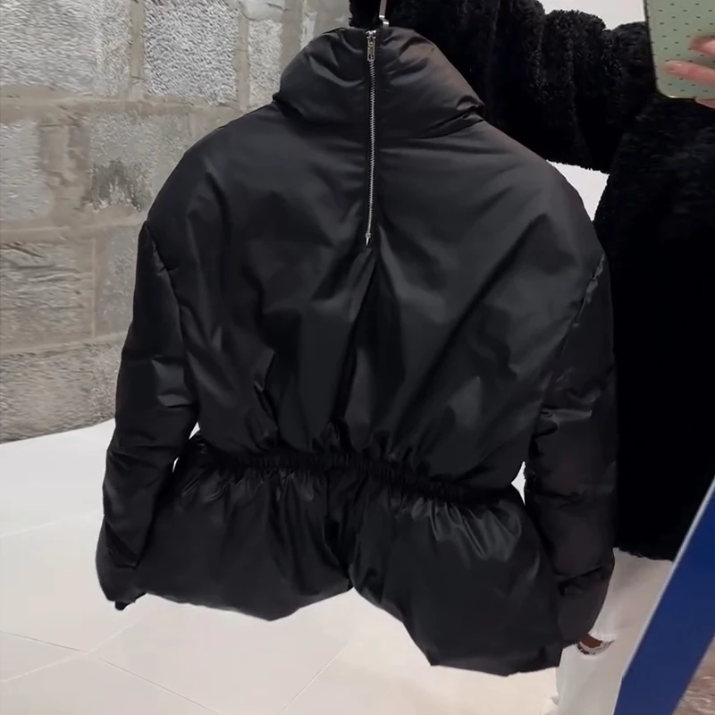 Back Half Zip Women's Winter Puffer Jackets Elastic Waist Ruffle Hem Cropped Padded Coat Loose Long Sleeve Warm Outerwear