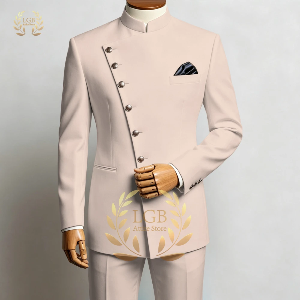 Men's Stand Collar Asymmetrical Button Suit Set Formal Wedding Business Two Piece Outfit Elegant Groom Attire