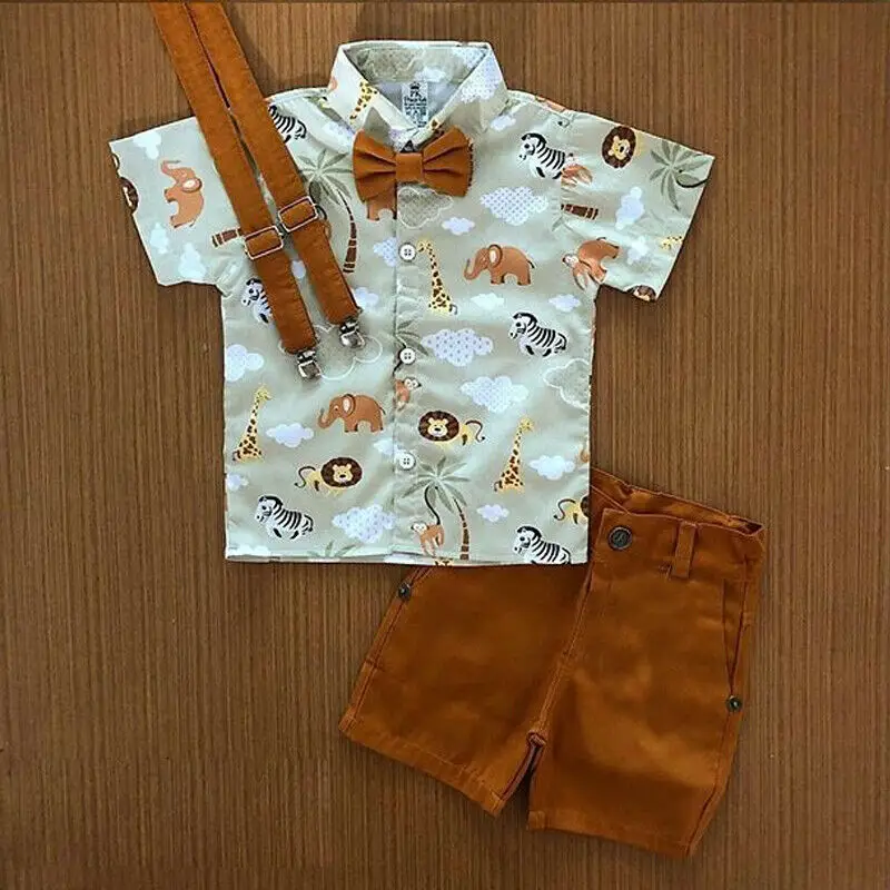 Pudcoco 1-6Y Summer Baby Boys 3Pcs Clothes Sets Fashion Infant Animal Print Shirts Top Solid Brown Shorts Children\'s Sets