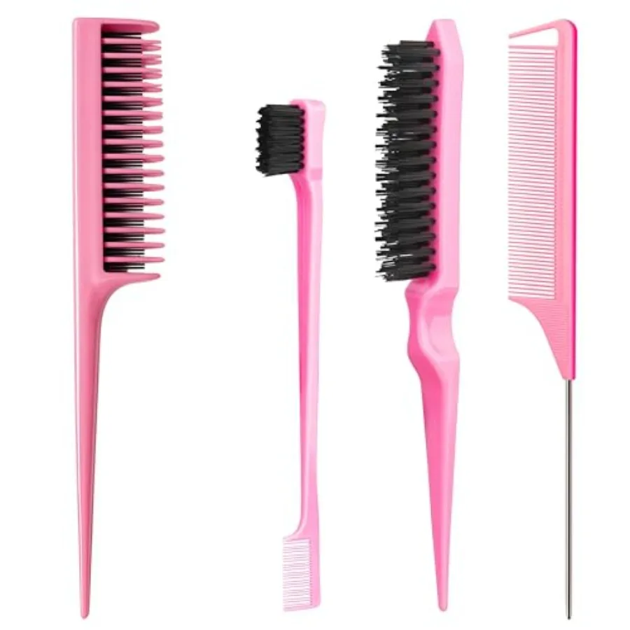 Hair Brush Set for Women and Girls Styling: Pink 4-Piece Three-Row Teasing Comb Edge Brush Rat Tail Comb