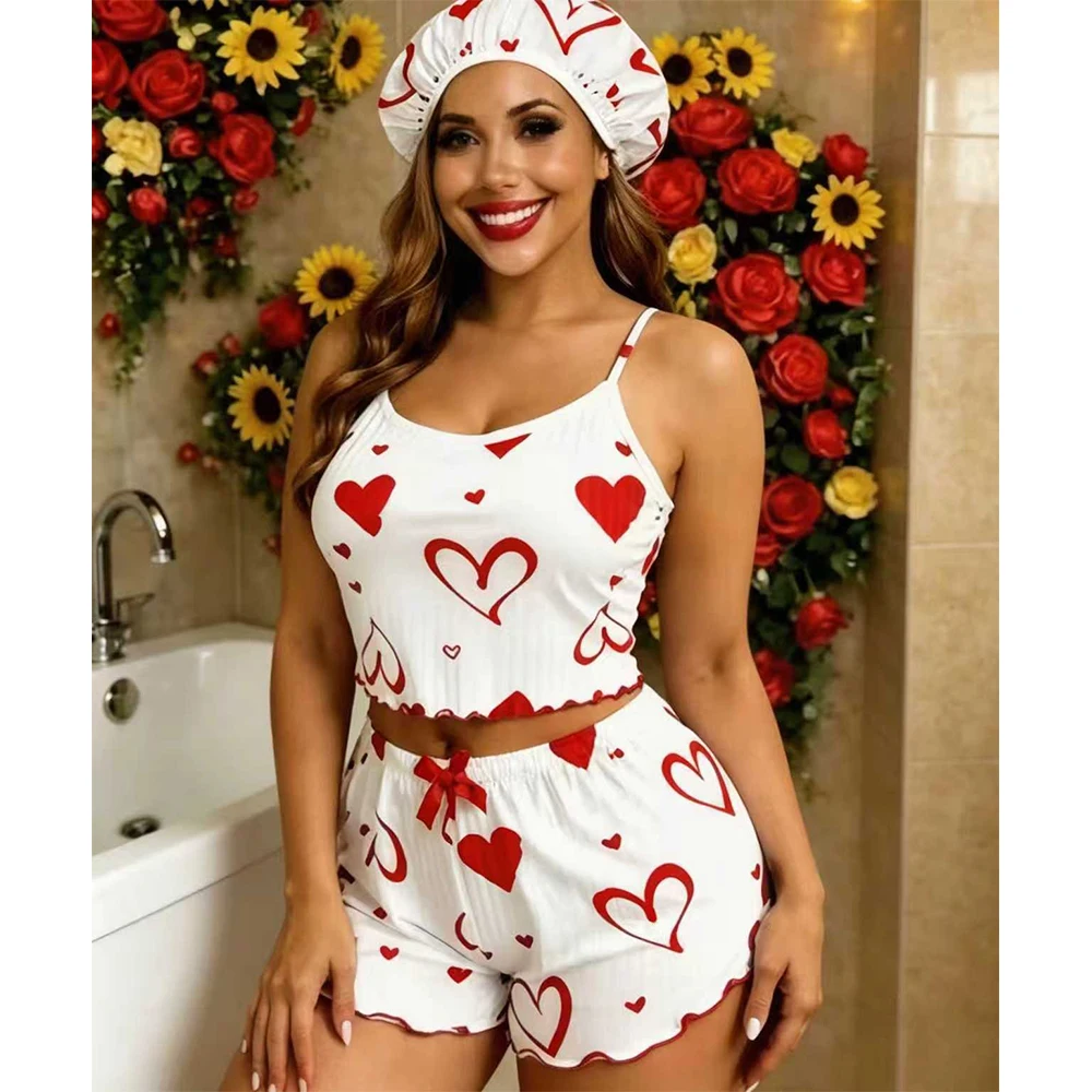 

3Pcs/Set Casual Sling Pajama Set Round Neck Loving-heart Print Camisole Set Breathable Backless Homewear for Women