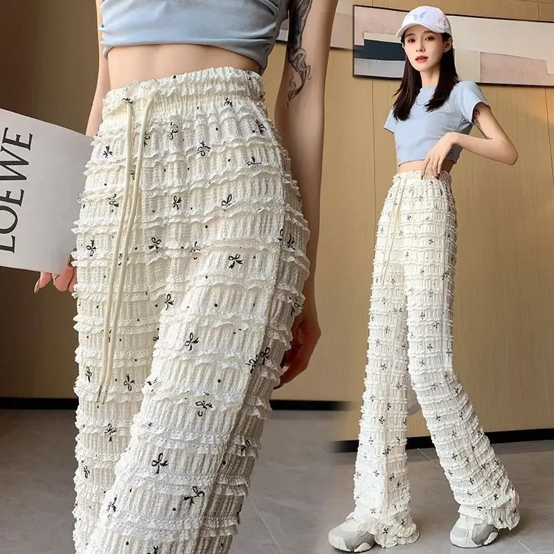 

Lace baggy pants Spring Summer Aesthetic Women clothes Flared Pants High Waist Bow Print Streetwear Black White trouser Chic y2k