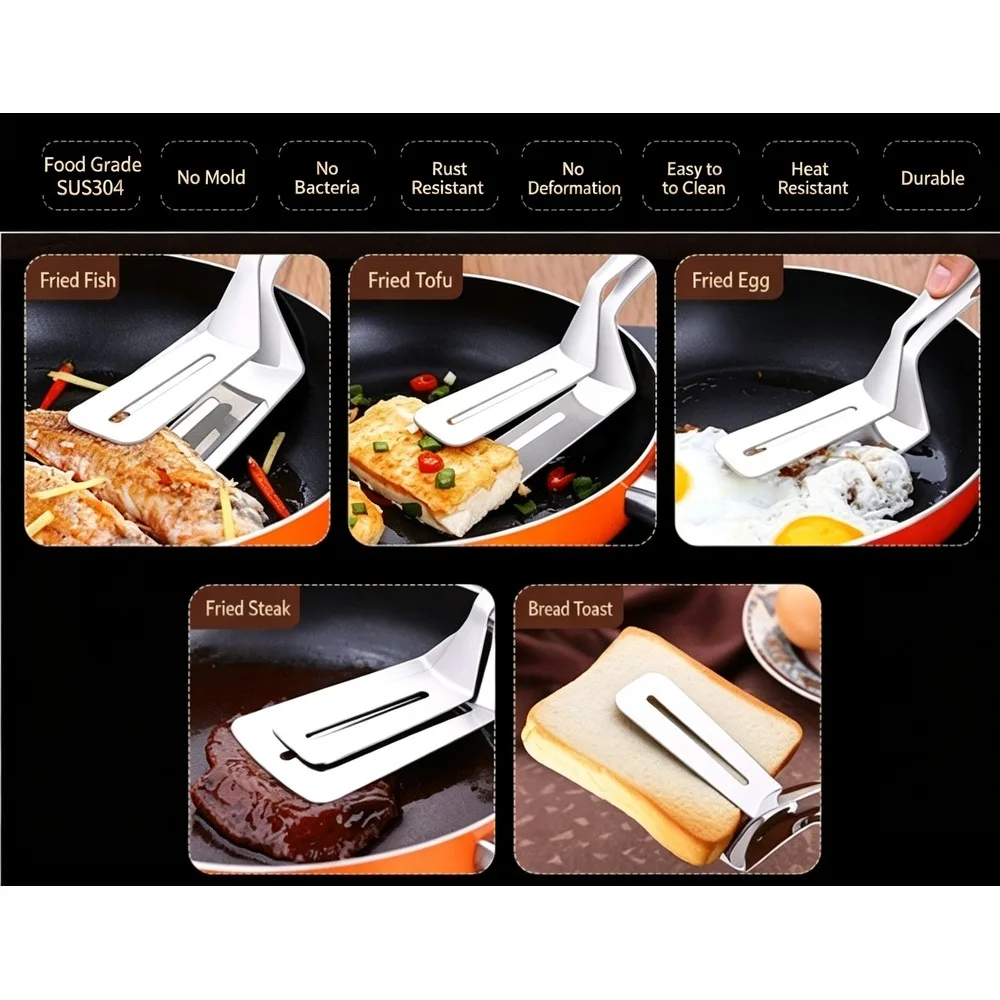 304 Stainless Steel Food Tongs, Multi-Purpose Steak Spatula Tongs, Kitchen Grilling Turner Clamp for Steak, Fish, Bread, Pancake, 1 Piece