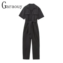 Garaouy 2023 Spring Summer Women's Black Short Sleeve Belt Jumpsuit Female Chic Slim Lapel Chest Zipper Office Lady Suit Mujer