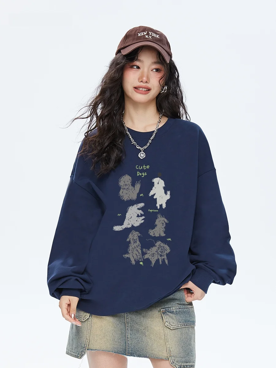 

Capricorn American Hand-drawn Graffiti Dog Hoodie Women's Loose round Neck Pullover Autumn New Style Outerwear Cotton Polyester