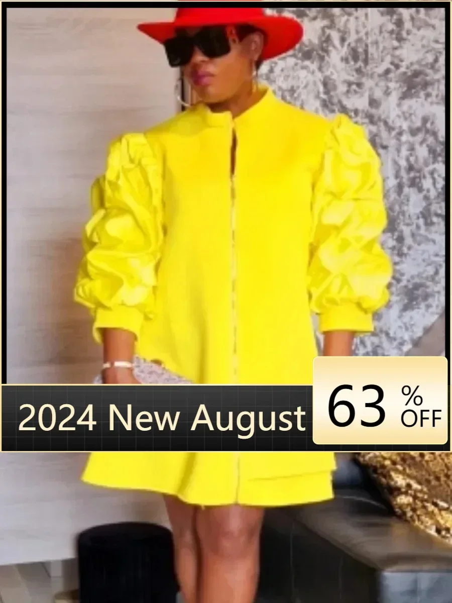 Women Yellow Mini Dresses High Neck Three Quater Puff Sleeve Zipper Up Loose Casual Retro Vintage Party Club Events 4XL Female