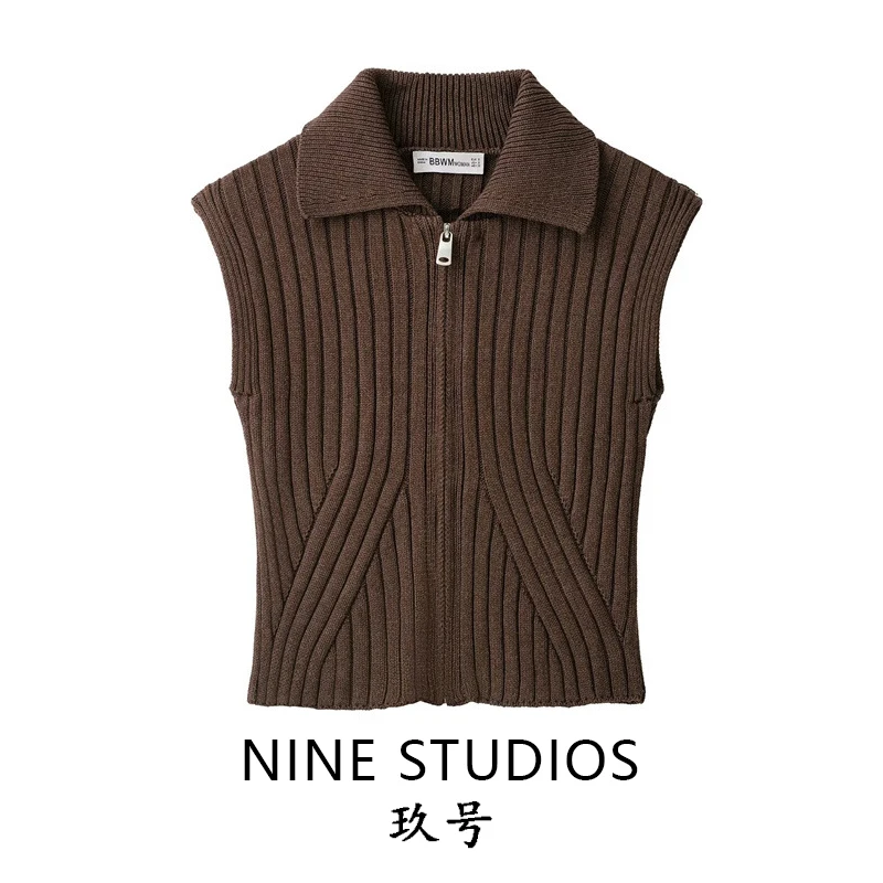 NINE ZAR Women's Slim Fit Knitted Vest Zipper Collar Sleeveless Top Striped Pattern Winter Collection Short Length H-Shape