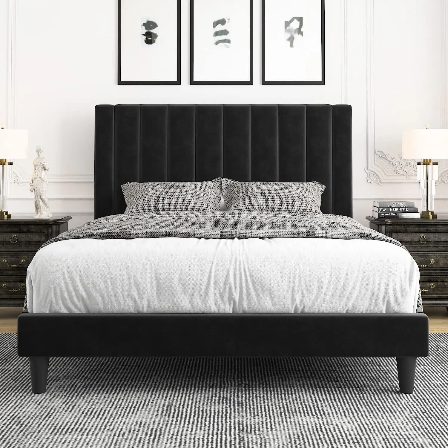 Full Bed Frame/Velvet Upholstered Bed Frame with Vertical Channel Tufted Headboard/Strong Wooden Slats