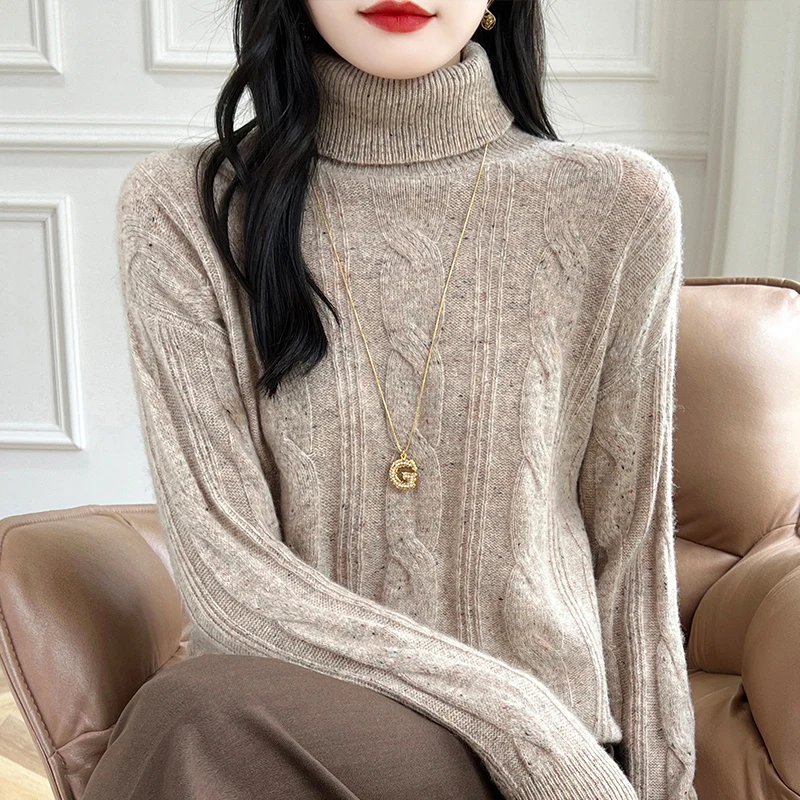 

Women's Turtleneck 100% Pure Wool Knitted Sweater Autumn Lapel Thicken Pullovers Fashion Loose Twisted Tops Color Dot Base Shirt