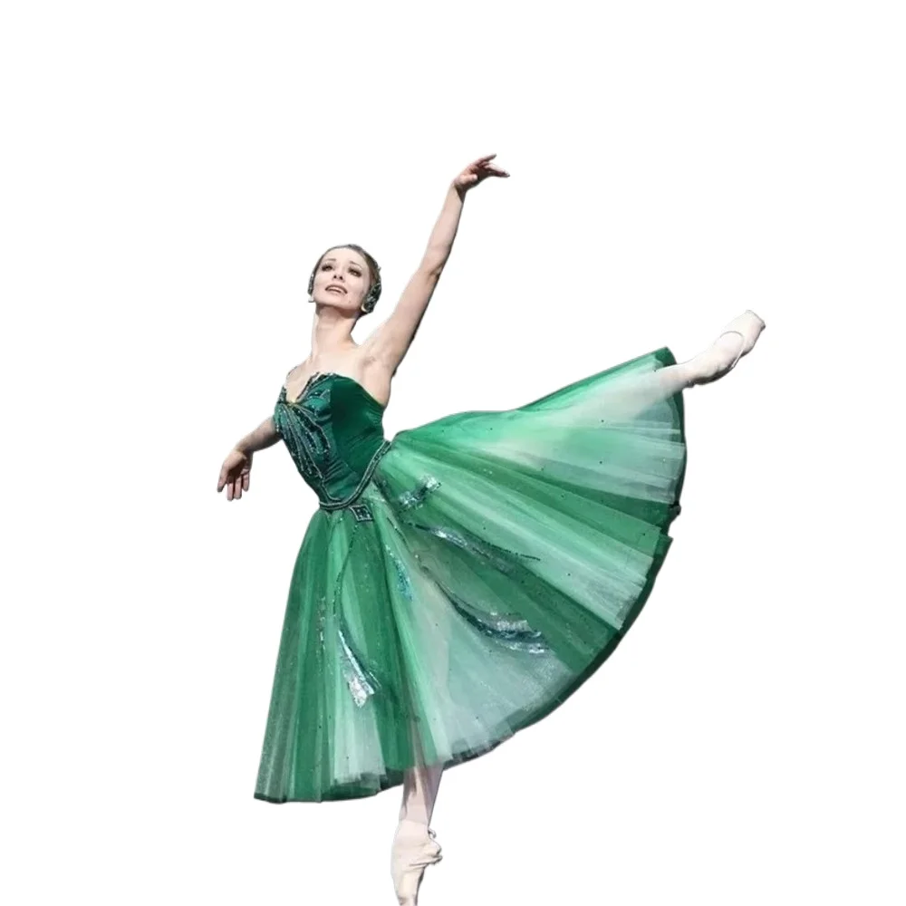 Jupe de Ballet pour enfants, robe de spectacle du lac des cygnes, longue robe de Ballet en velours vert, justaucorps de Ballet pour filles, robe de ballerine pour femmes