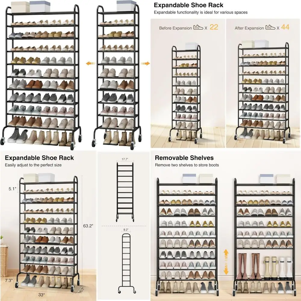 

10-Tier Adjustable Metal Shoe Rack for Garage and Entryway, Holds Up to 44 Pairs, Black