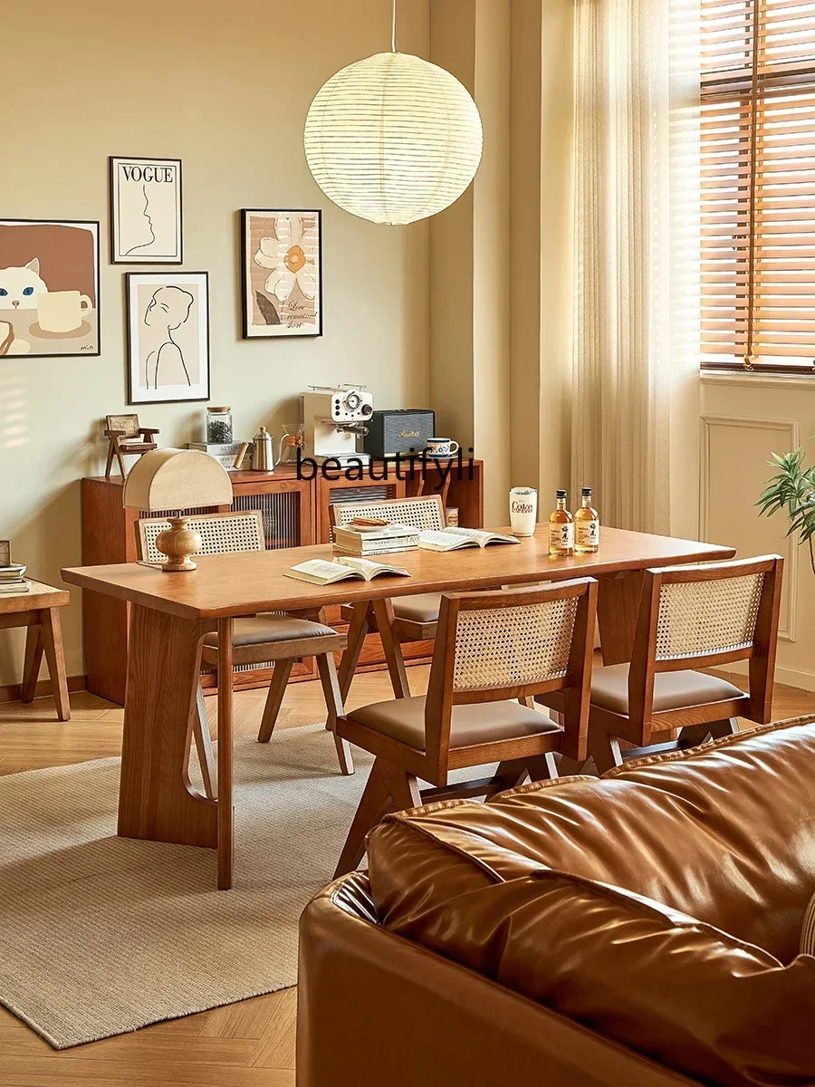 

A26 Mid-Ancient Solid Wood Dining Table Rectangular Living Room Ash Log Dining Table and Chair Combination