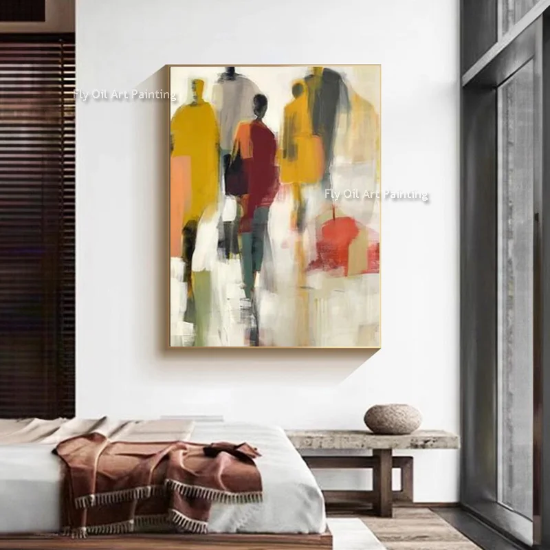 

Abstract Wall Art Beige Orange People Shadow Oil Painting On Canvas New Home Wall Decor Items Handpainted Yellow Red Artwork
