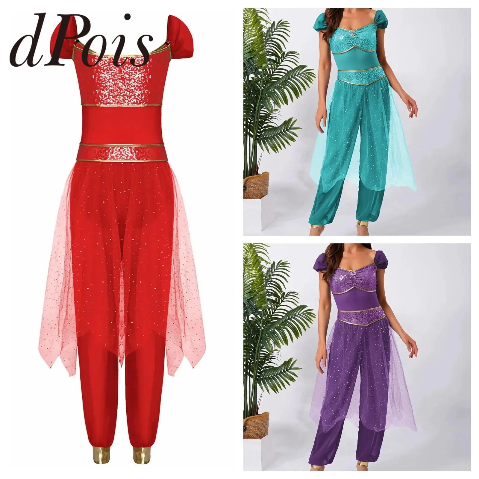 

Womens Arab Princess Belly Dance Rompers Arabian Sequined Tulle Overlay Sleeveless Jumpsuit for Halloween Cosplay Costume