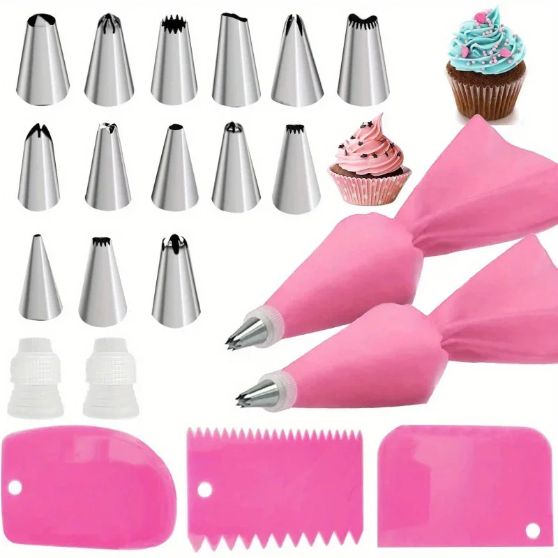 21pcs Piping Bags and Tips Set-Reusable Silicone Pastry Bags with 14 Stainless Steel Nozzle Icing Tips,Icing Smoothers&Couplers
