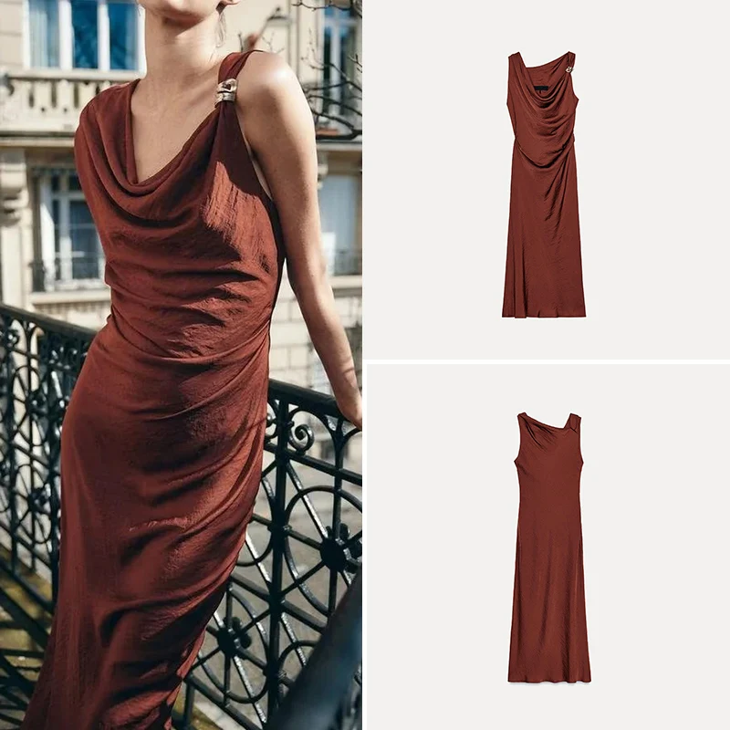 

Spring 2025 Women's Faion Gold Embellied Midi Dr Draped Collar Gown Street Sle Polyester Fiber 00% Z Brand