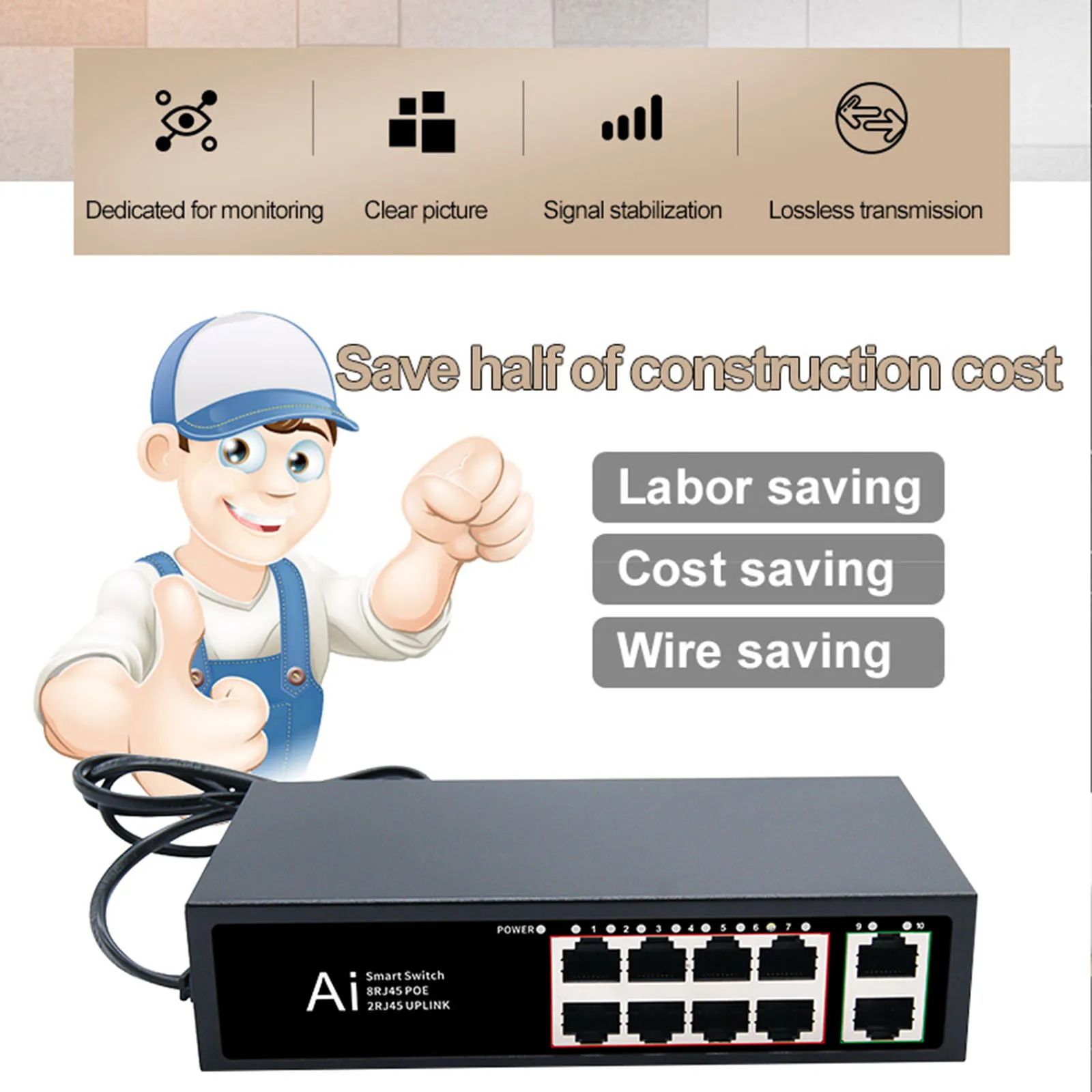 TEROW Smart Switch 10 Ports Standard PoE Switch Ethernet Network Switch PoE 8 ports+2 UpLink 100Mbps for IP Camera/Wifi Router